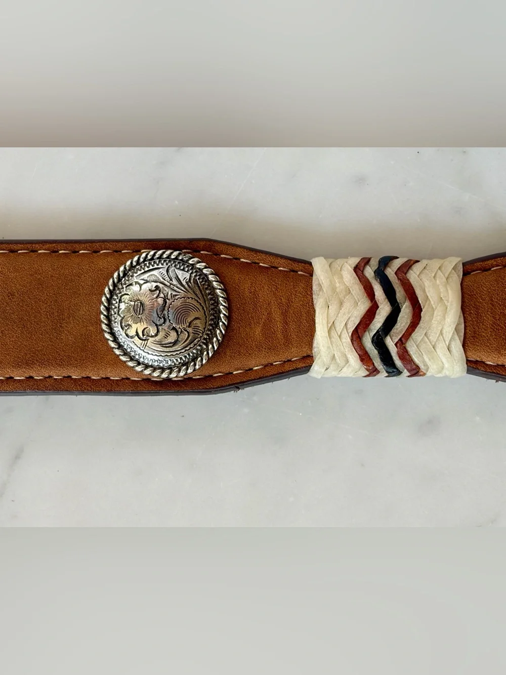 Tony Lama Western/Native American Leather Belt w/Silver Buttons&Buckle, 22”, EUC